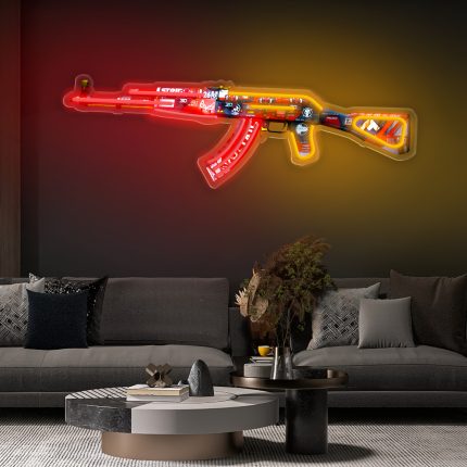 Lumini Neon Elegante, Design AK47, Imprimare UV, Dimensiuni 59.99 cm x 18.49 cm, Alimentare USB cu Zece Niveluri de Luminozitate, Perfecte pentru Gaming și Decor Acasă, Cadoul Ideal pentru Prieteni